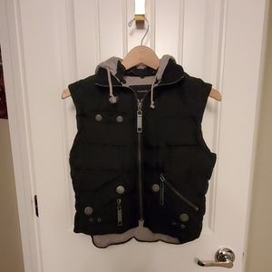 Black vest with attached gray hoody